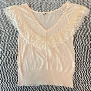 Vintage Elegant Cream Lace Trim Women's Top